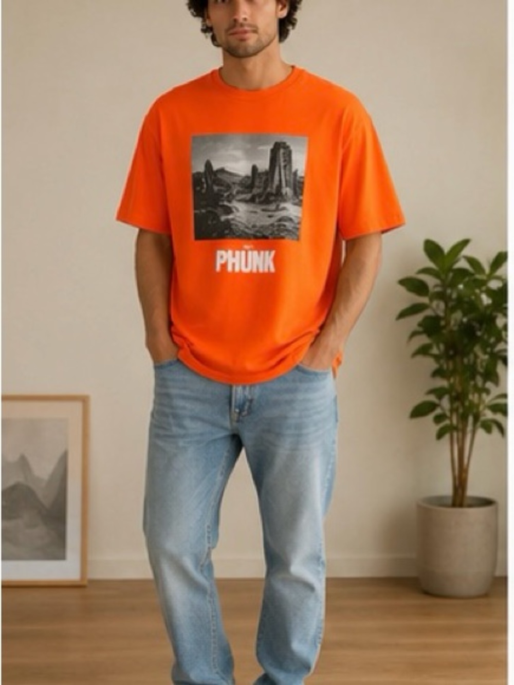 H&M Orange Graphic Crewneck T-Shirt